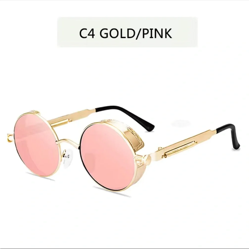 Unisex Round Steampunk Retro Frame Polarized Sunglasses Pink Lens UV400 - Picture 7 of 13